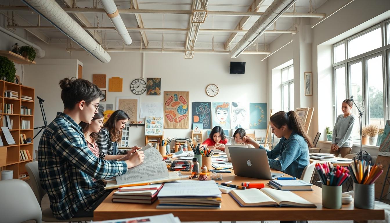 Students studying together in modern classroom